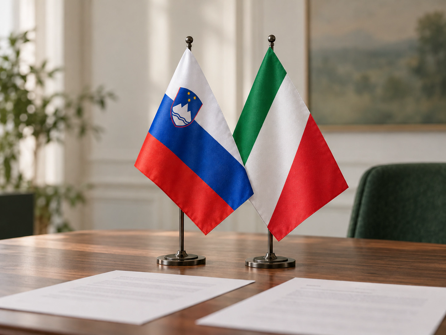 Slovenska in italijanska namizna zastavica na sejni mizi z dokumenti
