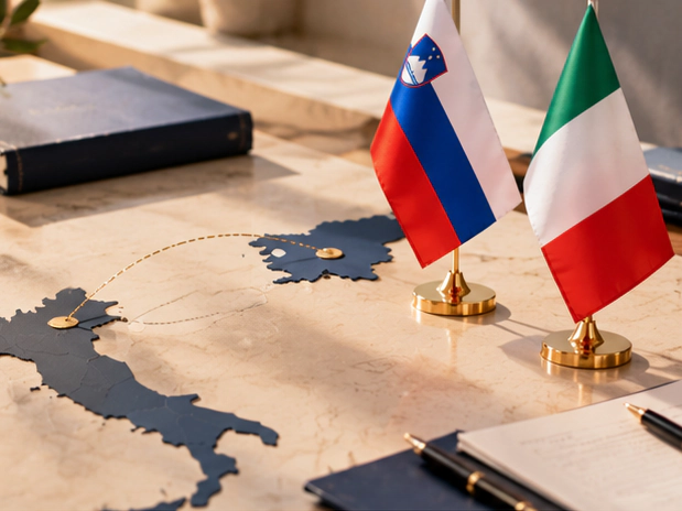 Zemljevida Italije in Slovenije, povezana z zlato črto, ob slovenski in italijanski zastavici