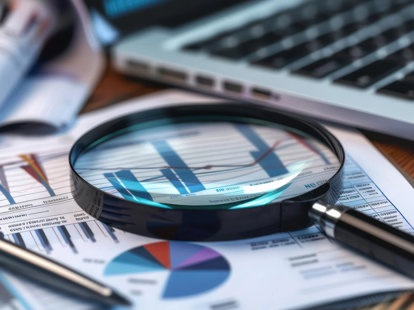 Povečevalno steklo nad finančnimi poročili z grafi, ob njem pisalo in prenosnik