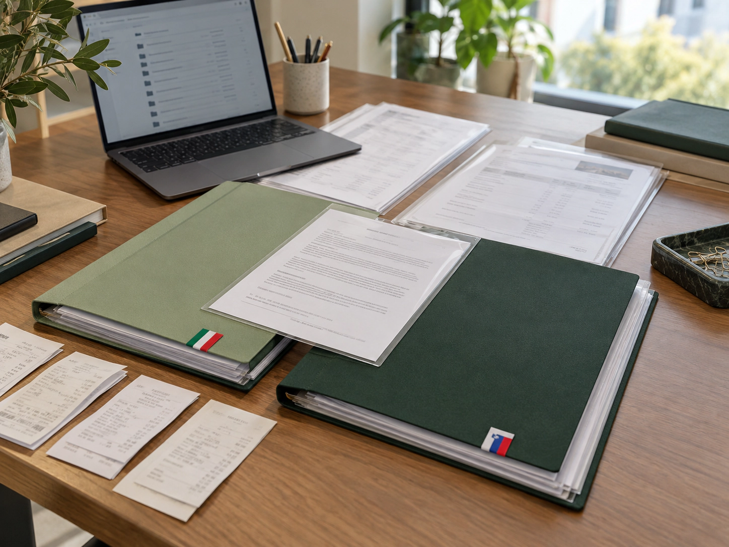 Registratorja z italijansko in slovensko zastavico, računi in dokumenti na pisalni mizi