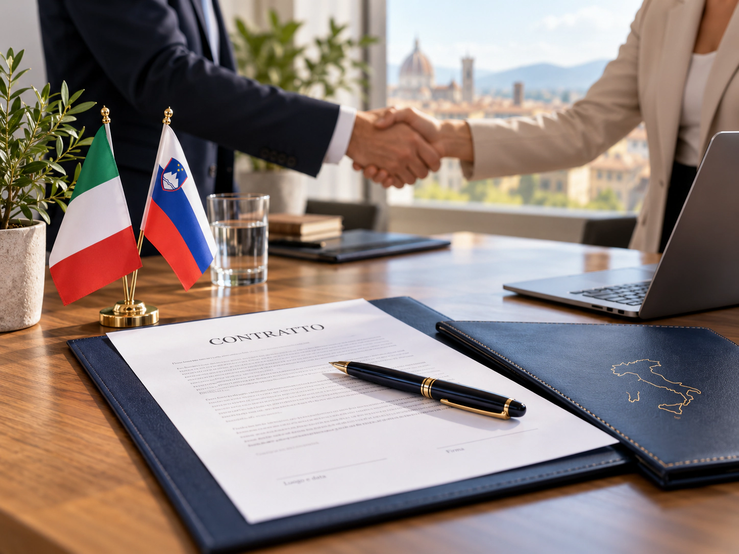 Pogodba s pisalom na mizi z italijansko in slovensko zastavico, v ozadju stisk rok